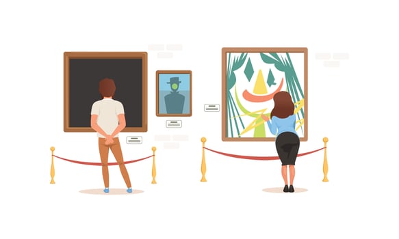 Back View of Exhibition Visitors Viewing Modern Abstract Paintings, People Visiting Art Exhibition Gallery Cartoon Style Illustration vector