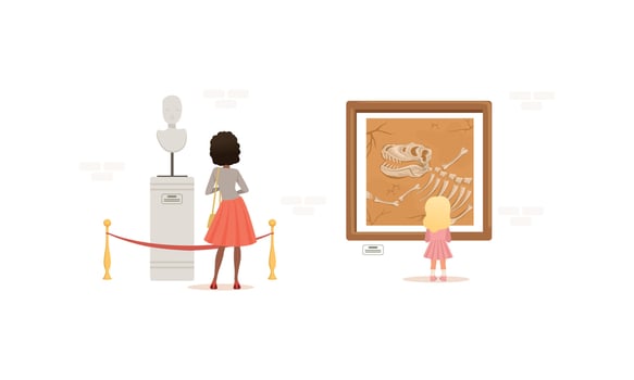 Exhibition Visitors Viewing Exhibits in Archaeological Museum Cartoon Style Illustration vector
