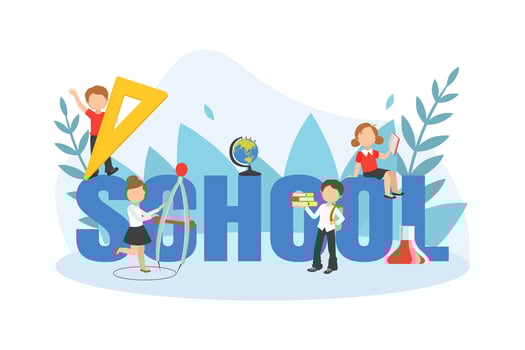 School Big Word with Kids Studying with Huge School Supplies, Back to School Concept Illustration vector