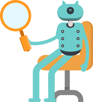 Cute Humanoid Robot Character Sitting and Holding Magnifier png