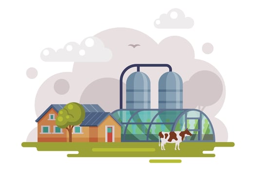 Farm Scene with Country House, Greenhouse and Silo Storehouse, Summer Rural Landscape, Agriculture and Farming Concept Cartoon Illustration vector