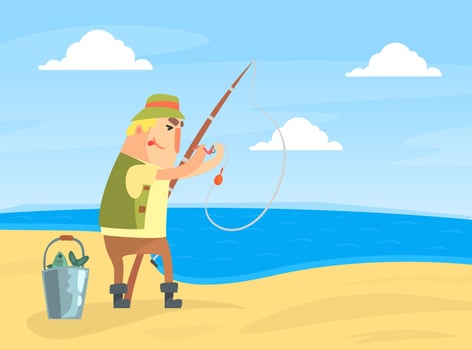 Amateur Fisherman Character Standing on Sea Shore and Catching Fish with Rod Cartoon Illustration vector
