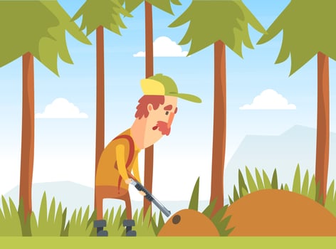 Man Hunter Aiming with Shotgun into Burrow, Funny Hunter Character Wearing Khaki Clothes and Hat with Rifle Cartoon Illustration vector