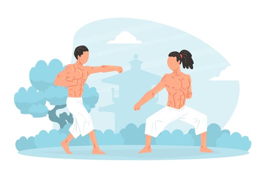 Two Strong Muscular Asian Men Martial Art Fighters Training Outdoors Cartoon Illustration vector