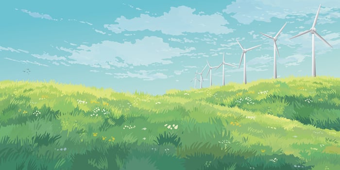 Wind turbines on the hill in countryside landscape with blue sky background graphic illustration. Sustainable renewable green energy concept. vector