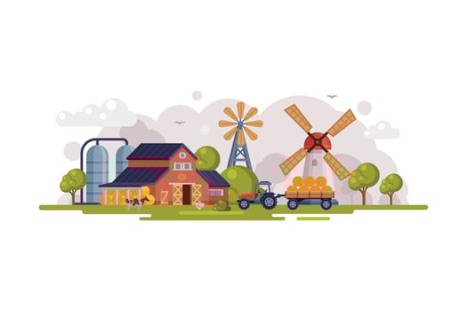 Farm Scene with Red Barn House, Windmill and Wind Turbine, Summer Rural Landscape, Agriculture and Farming Concept Cartoon Illustration vector