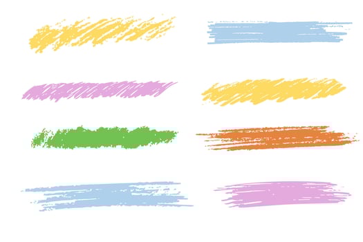 Crayon underline stroke brush mark, grunge textured hand drawn sketch border, divider. Set Pastel colored scribble highlight charcoal rough. vector