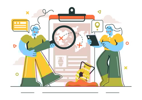 Illustration of Archaeologists Excavating Ancient Ruins and Dinosaur Fossils in a Flat Cartoon Style vector