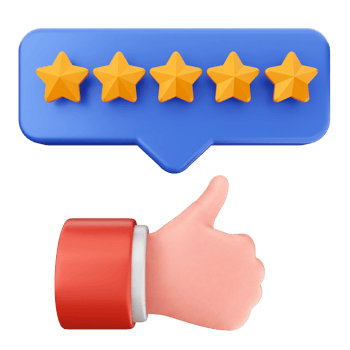 A thumbs up and five stars on a speech bubble png