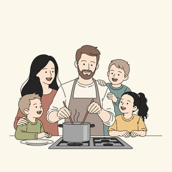 A family is cooking together in the kitchen vector