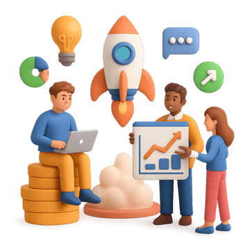 3D Concept Illustrating Startup Scene with Team and Rocket Launch png