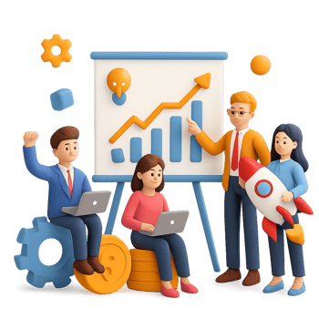 Creative 3D Startup Team Analyzing Growth Trends with Simple Tools png