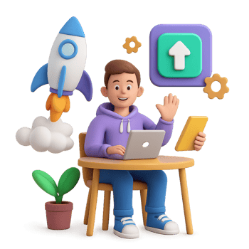 Young Man Launching 3D App Concept with Rocket and Tablet png