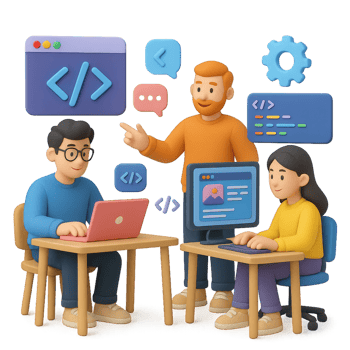 3D Illustration of Web Development Process with Diverse Characters png