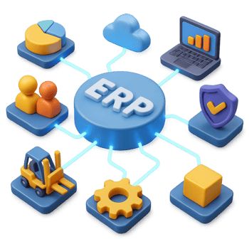Modern 3D Business Network Concept with ERP Integration and Icons png