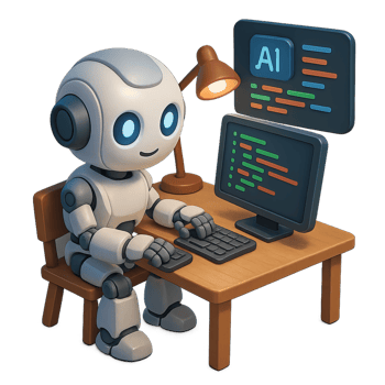 Friendly robot programmer working on AI coding at a desk png