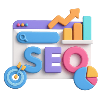 3D SEO Visualization with Colorful Icons and Graphical Elements png