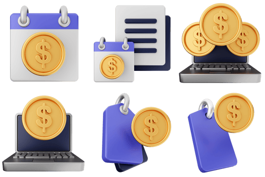 A set of icons depicting money, a laptop and a coin png