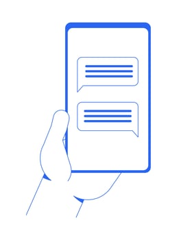 Hand holding smartphone with chat messages outline illustration. Cellphone communication, messaging screen, mobile technology isolated 2D image blue lineart. Linear drawing clip art vector