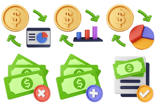 Money icons set with a dollar sign, a coin, and a dollar sign png
