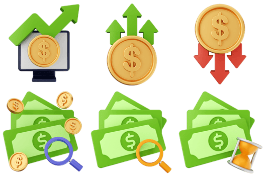 Money icons set with dollar signs, dollar coins, and a magnifying glass png