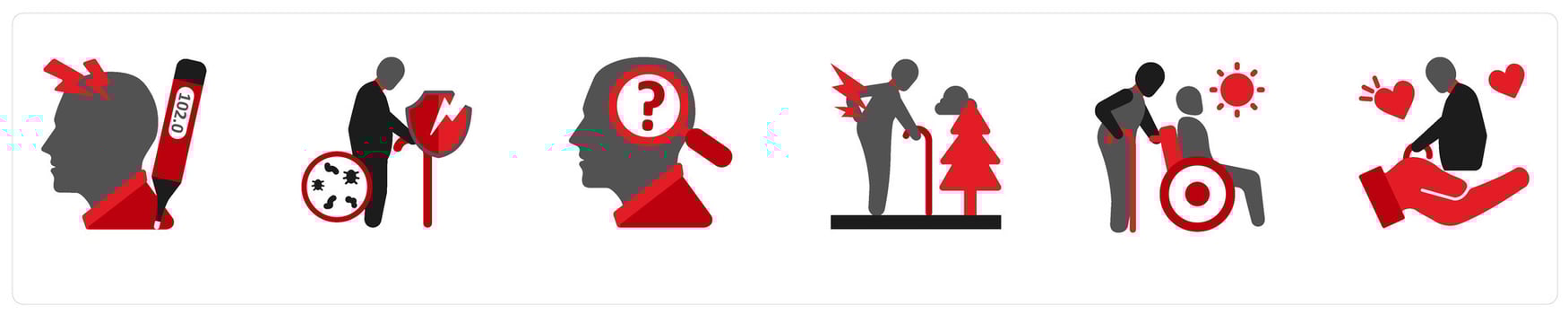 Six medical icons in red and black as headache, week immune system, psychological problem vector