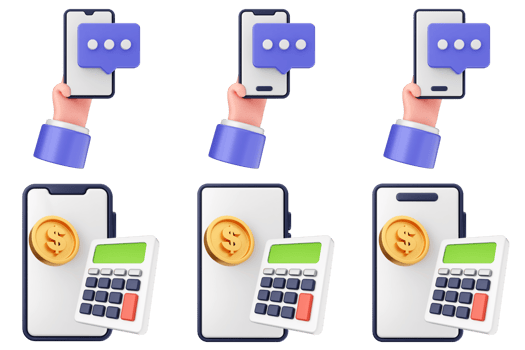 Hand holding a phone with a coin and a calculator png