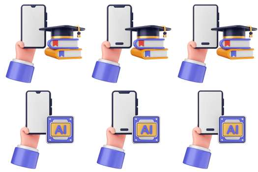 A set of six hands holding up a smartphone with a graduation cap on it png