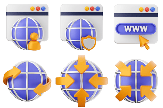 Internet icon set with a globe, arrows, and other symbols png