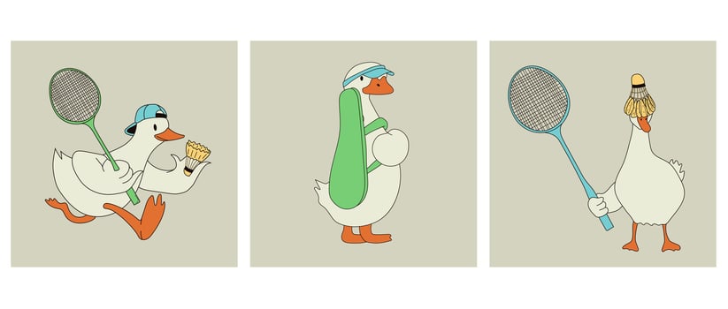 Set of three Cartoon Duck Playing Badminton with Racket and Shuttlecock vector
