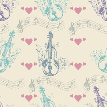 Hand-drawn musical violin pattern with notes and hearts vector