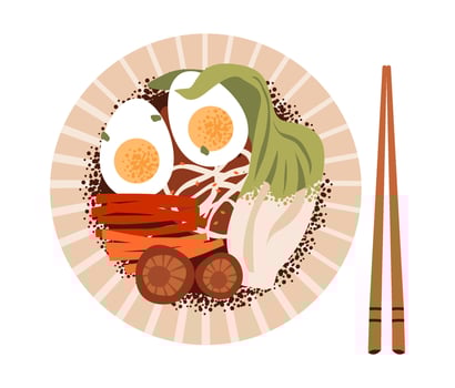 Ramen bowl with chopsticks and steam in flat style. Traditional Japanese soup with noodles, egg, and broth. vector