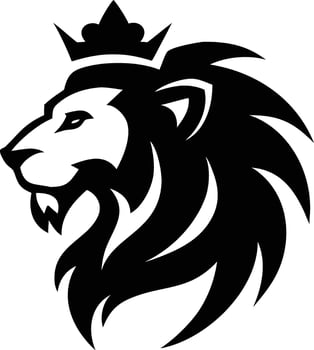 Majestic black lion head confidently wears a crown, showcasing regal power and authority vector