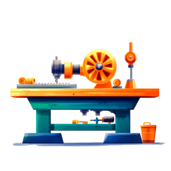 Colorful Workshop Lathe with Tools and Accessories for Woodworking and Metalwork png