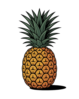 Isolated pineapple illustration with green leaves on a transparent background in cartoon style png