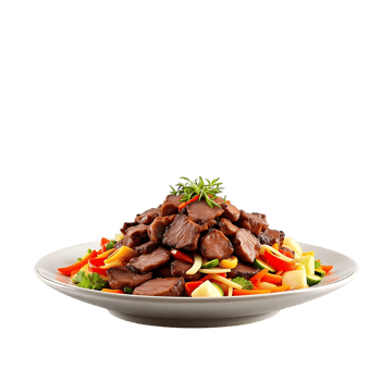Delicious Grilled Meat Dish with Colorful Vegetables Presented on a White Plate png