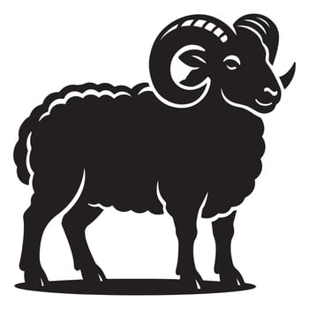 Isolated black ram illustration, farm animal with horns, sheep drawing, livestock design element graphic silhouette vector