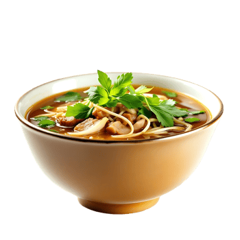 Appetizing Bowl of Chicken Noodle Soup with Herbs on Transparent Background png
