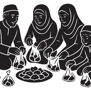 Islamic family eid al adha celebration preparing food sharing charity black and white illustration silhouette vector