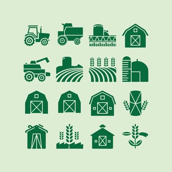 Collection of Farm Icons Tractor, Barn, Wheat, Watering Can and Crops. Agricultural Icons vector