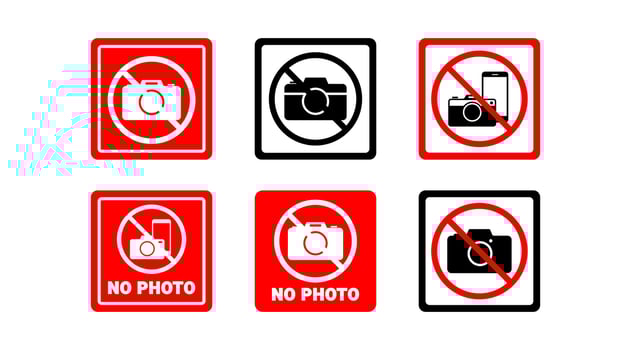 No photo signs and camera prohibition Sign and icons in red and black square label design, flat style isolated for use in public area or restricted zone signage vector