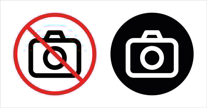 No photography sign with camera icon inside a red circle and a camera icon inside a black circle on a white background vector