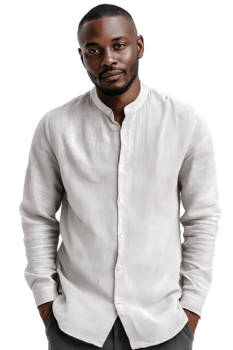Stylish man presents a contemporary linen shirt in a minimalist studio setting with soft lighting and sharp detail for an elegant look png
