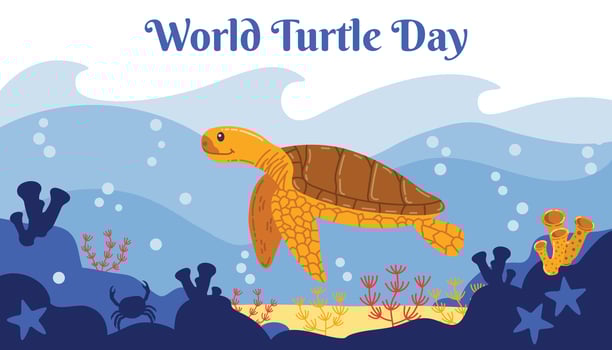 Adorable World Turtle Day card with a cheerful cartoon turtle swimming in a vibrant underwater landscape. Flat style poster includes sea plants and marine elements to raise awareness for turtles. vector