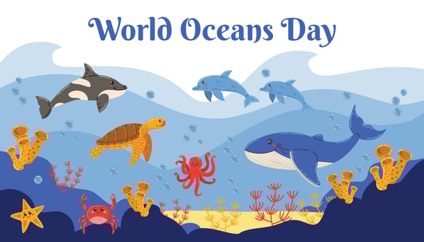 Vibrant underwater card design for World Oceans Day showing diverse sea animals like whale, dolphin, turtle, crab and others swimming in a lively ocean habitat. Ocean awareness. vector