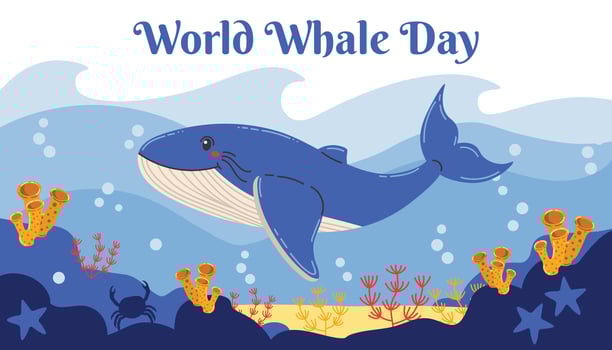 Bright World Whale Day card showcasing a joyful cartoon whale swimming in a colorful underwater landscape. Flat style design with bubbles, coral, and ocean elements. vector