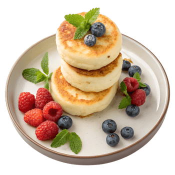 Delicious cottage cheese pancakes with fresh berries on white plate, isolated on transparent background, healthy breakfast, homemade food png
