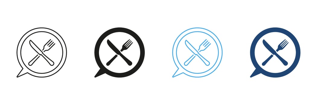 Fork And Knife Line and Silhouette Icon Set Inside Speech Bubble, Dining And Meal Discussions Concept. Conversations About Culinary And Nutrition Design. Isolated Illustration vector