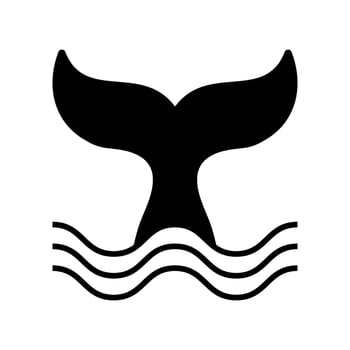 Tail of whale diving into water. Black cetacean animal fin silhouette in sea or ocean waves isolated on white background. Dolphin, orca, beluga or another marine mammal icon. illustration vector