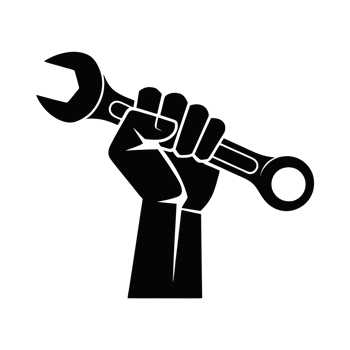 A bold silhouette of a fist gripping a wrench symbolizes strength and empowerment. cutouts png